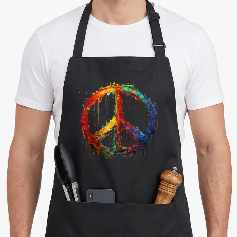 Tablier de cuisine noir avec un grand symbole de paix coloré style peinture abstraite et coulante sur fond uni.