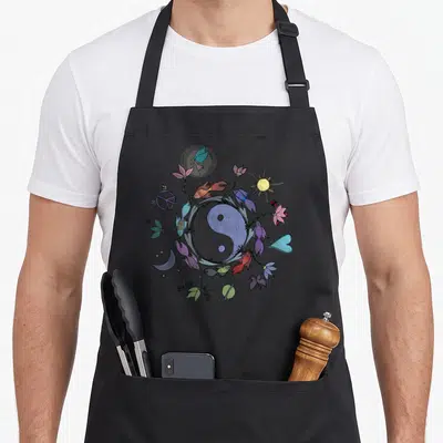 Tablier de cuisine noir avec un grand Ying Yang entouré de poissons colorés, fleurs, soleil et symbole de paix.