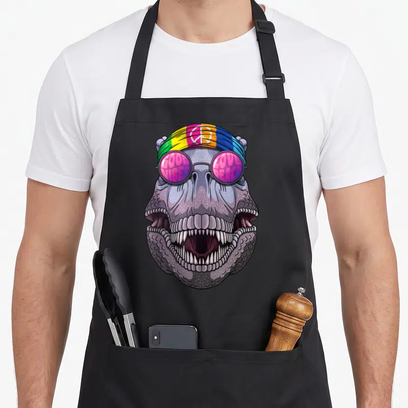 Tablier de cuisine noir avec un dinosaure T-Rex portant un bandeau coloré et des lunettes roses à motifs textuels.