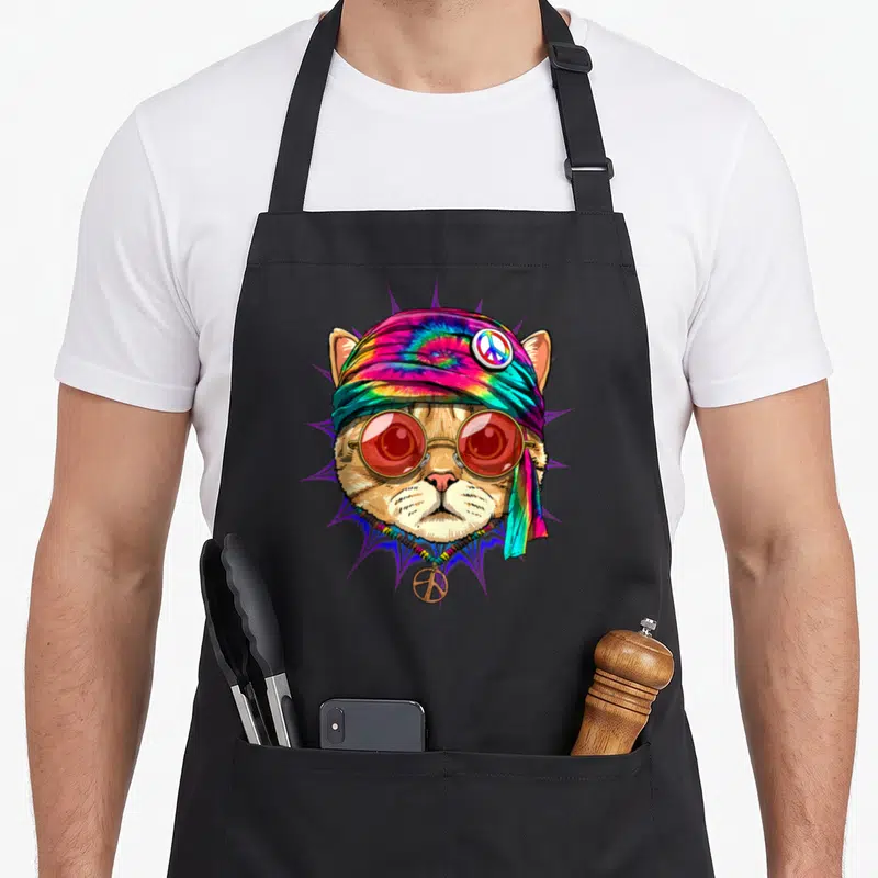 Tablier de cuisine noir avec un chat hippie portant des lunettes roses et un bandana tie-dye.