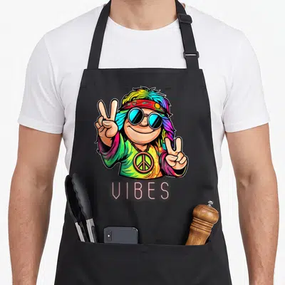 Tablier de cuisine noir avec personnage hippie coloré, lunettes bleues, symboles de paix et texte « Vibes » en bas du motif imprimé.