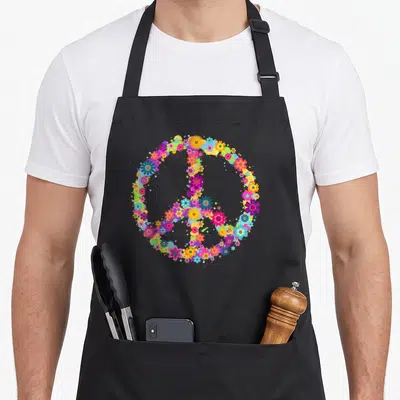 Tablier de cuisine noir avec un grand signe de paix formé par un assemblage de fleurs aux couleurs vives et variées.
