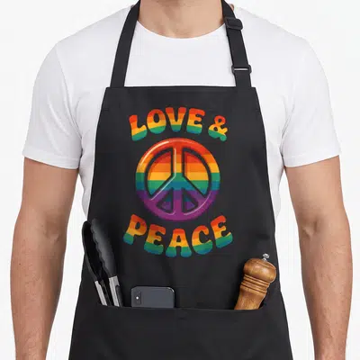 Tablier de cuisine noir avec un grand signe de la paix arc-en-ciel et les mots Love and Peace imprimés au-dessus et en dessous.