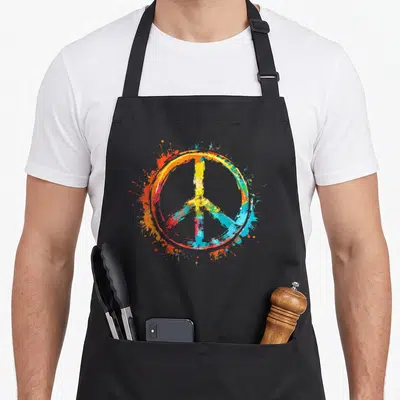 Tablier de cuisine noir avec un grand symbole de paix coloré style éclaboussure de peinture vintage années 70.
