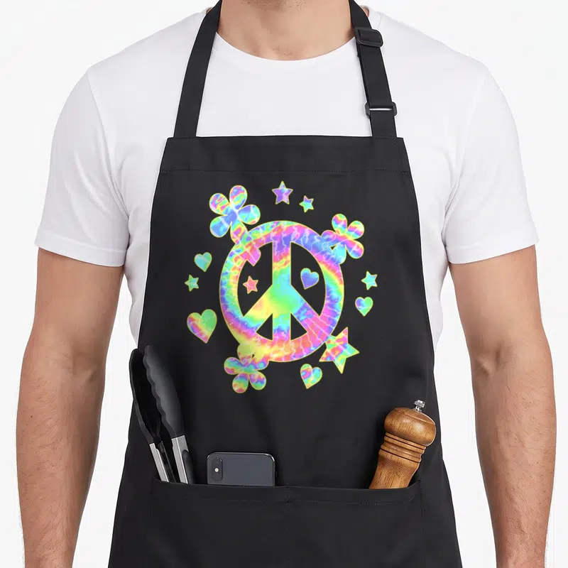 Tablier de cuisine noir avec panneau de paix tie-dye, fleurs, cœurs et étoiles colorées.