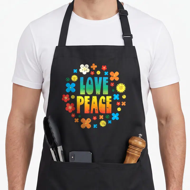 Tablier de cuisine noir avec Love Peace en lettres dégradées entouré de fleurs multicolores et symboles de paix verts.