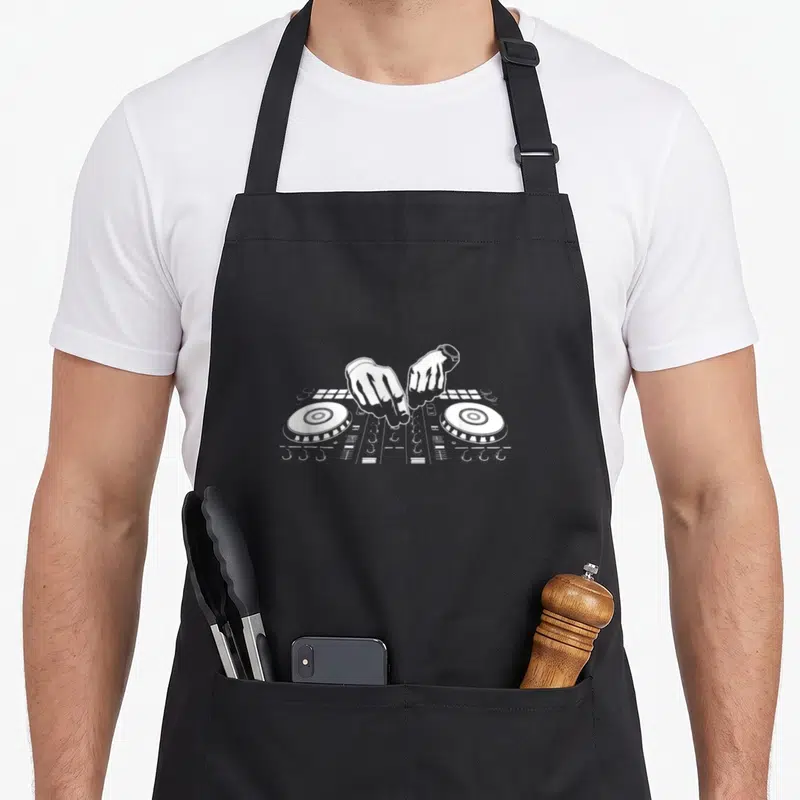Tablier de cuisine noir avec illustration blanche de mains manipulant un mixeur et deux platines tournantes.