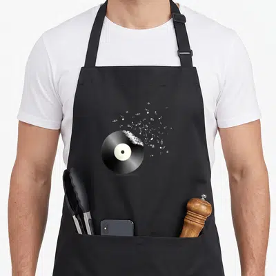 Tablier de cuisine noir avec illustration d'un vinyle noir dont l'edge se disperse en notes de musique blanches volantes.