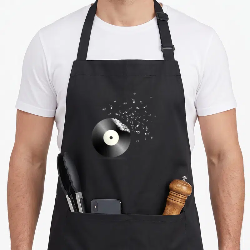 Tablier de cuisine noir avec illustration d'un vinyle noir dont l'edge se disperse en notes de musique blanches volantes.