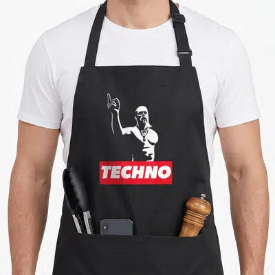 Tablier de cuisine noir avec silhouette blanche d'un homme levant le doigt et rectangle rougeTECHNO