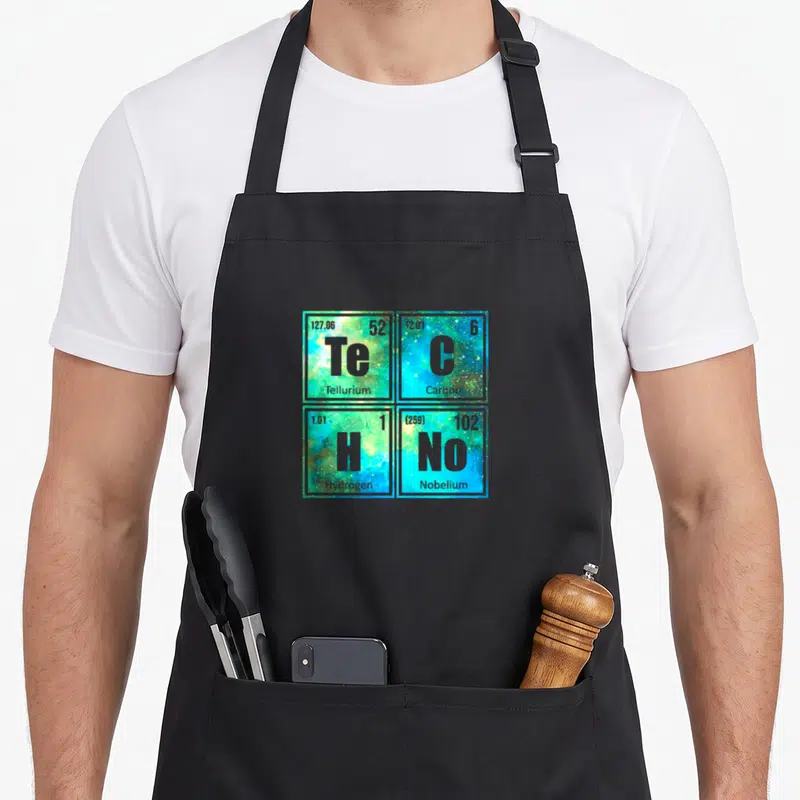 Tablier de cuisine noir avec un tableau périodique spatial formant le mot Techno en lettres grises sur fond nébuleuse bleue et verte.
