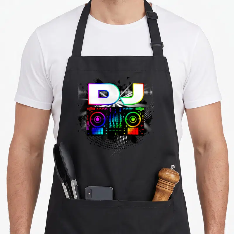 Tablier de cuisine noir avec l'inscription DJ et une console de mixage aux couleurs vives sur fond noir texturé.
