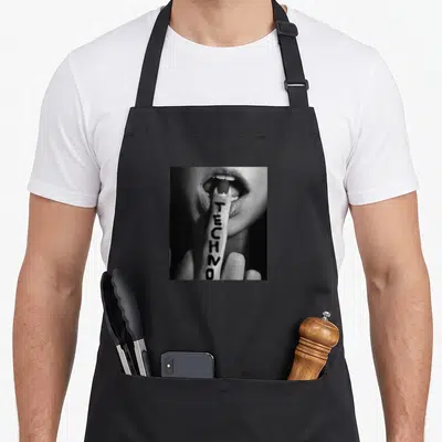 Tablier de cuisine noir avec illustration monochrome d'une bouche et un index portant le mot TECHNO en lettres noires verticales.
