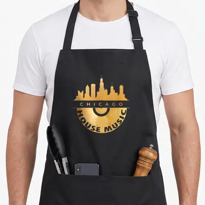 Tablier de cuisine noir avec logo doré skyline Chicago House Music vinyl