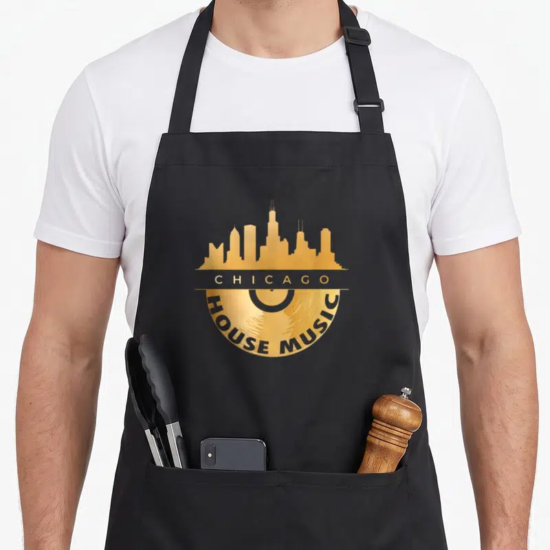 Tablier de cuisine noir avec logo doré skyline Chicago House Music vinyl