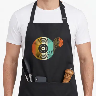 Tablier de cuisine noir avec une illustration colorée représentant un disque vinyle et un bras de lecture stylisé sur fond uni.