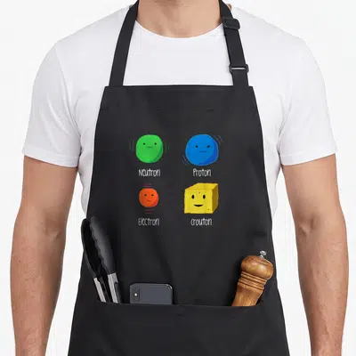 Tablier de cuisine noir avec Neutron vert, Proton bleu, Electron orange et Crouton jaune souriant.