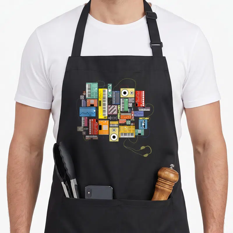Tablier de cuisine noir orné d'une composition graphique de synthétiseurs multicolores et de câbles audio croisés.