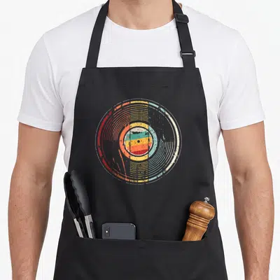 Tablier de cuisine noir avec illustration de disque vinyle rétro multicolore au centre.