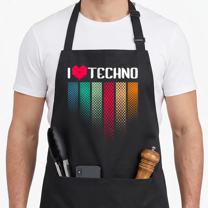 Tablier de cuisine noir avec inscription I Love Techno, cœur rouge géométrique et six bandes verticales multicolores à motif de points en dégradé.