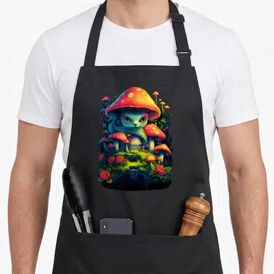Tablier de cuisine noir avec illustration colorée d'un chat aux champignons roses et roses dans un décor fantastique.