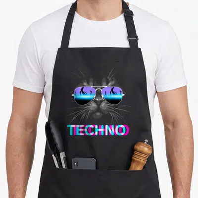 Tablier de cuisine noir avec un chat portant des lunettes de soleil reflétant une scène de concert et le mot TECHNO en bas.