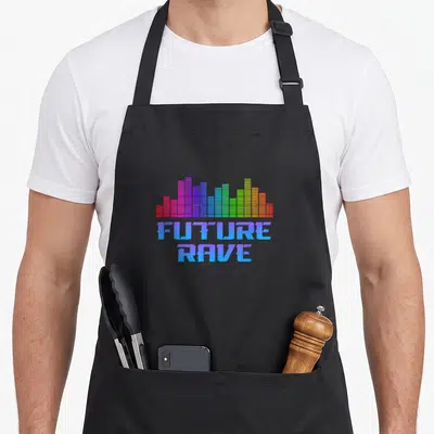 Tablier de cuisine noir avec un égaliseur multicolore et le texte Future Rave en bleu dégradé.