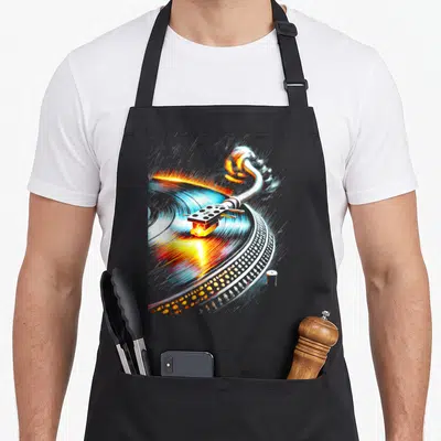 Tablier de cuisine noir avec illustration stylisée d'un tourne-disque vinyle aux éclats lumineux bleus et oranges.