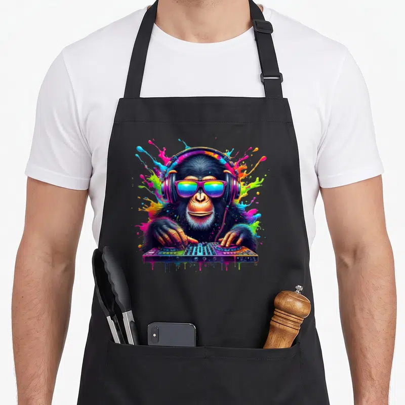 Tablier de cuisine noir avec un singe DJ portant des lunettes de soleil et un casque coloré.