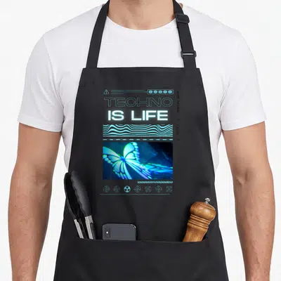 Tablier de cuisine noir avec texte Techno is life et papillon lumineux bleu cyan.