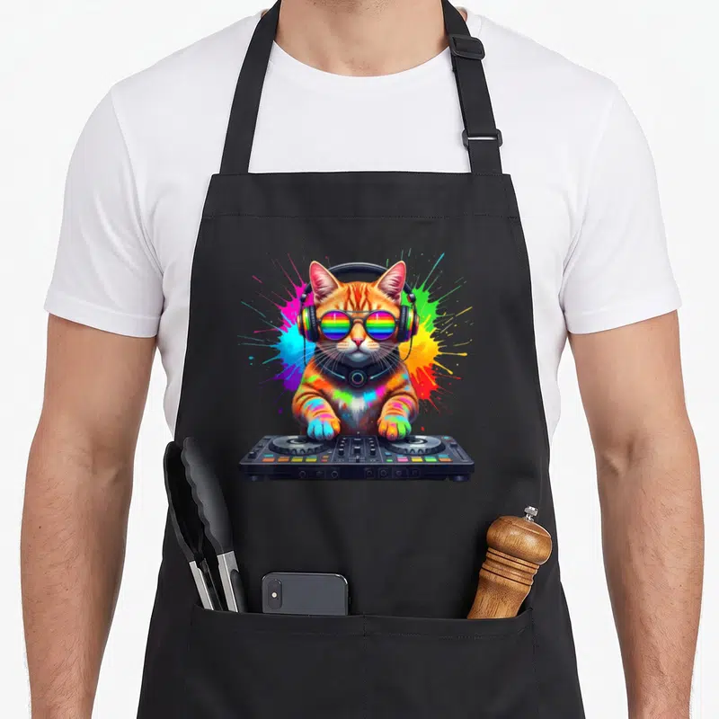 Tablier de cuisine noir avec un chat orange en DJ portant des lunettes arc-en-ciel et un casque sur fond d'éclaboussures colorées.