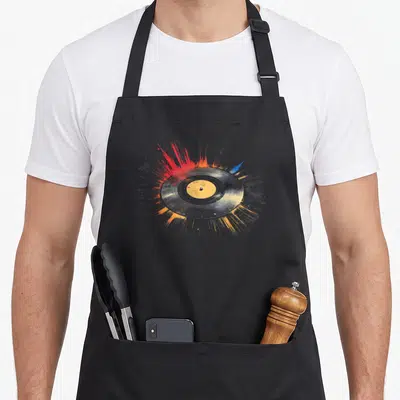 Tablier de cuisine noir avec un disque vinyle stylisé aux éclats rouges, oranges et bleus.