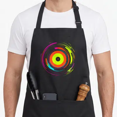 Tablier de cuisine noir avec un disque vinyl abstrait aux couleurs neon synthwave rose et jaune fluo.