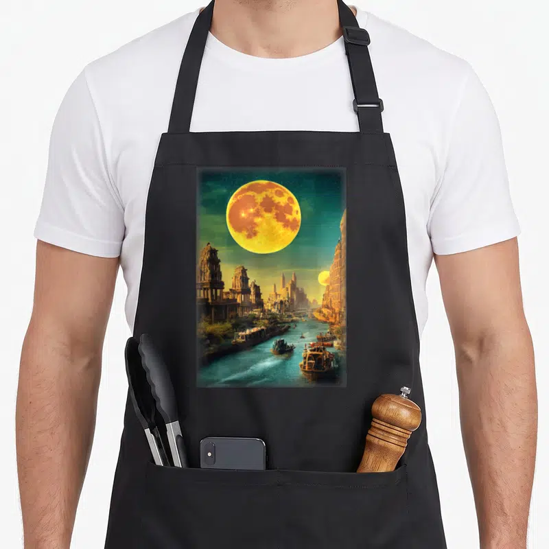 Tablier de cuisine noir avec illustration d'une métropole atlantide sous une grande lune orange et des bateaux sur l'eau.