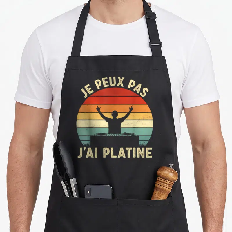 Tablier de cuisine noir avec illustration vintage d'un DJ et le texte Je peux pas j'ai platine