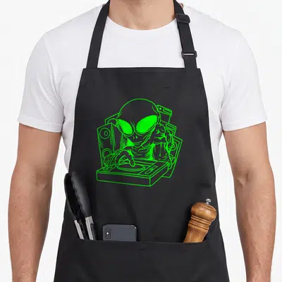 Tablier de cuisine noir avec illustration verte d'un alien DJ aux grands yeux sur son mixeur.