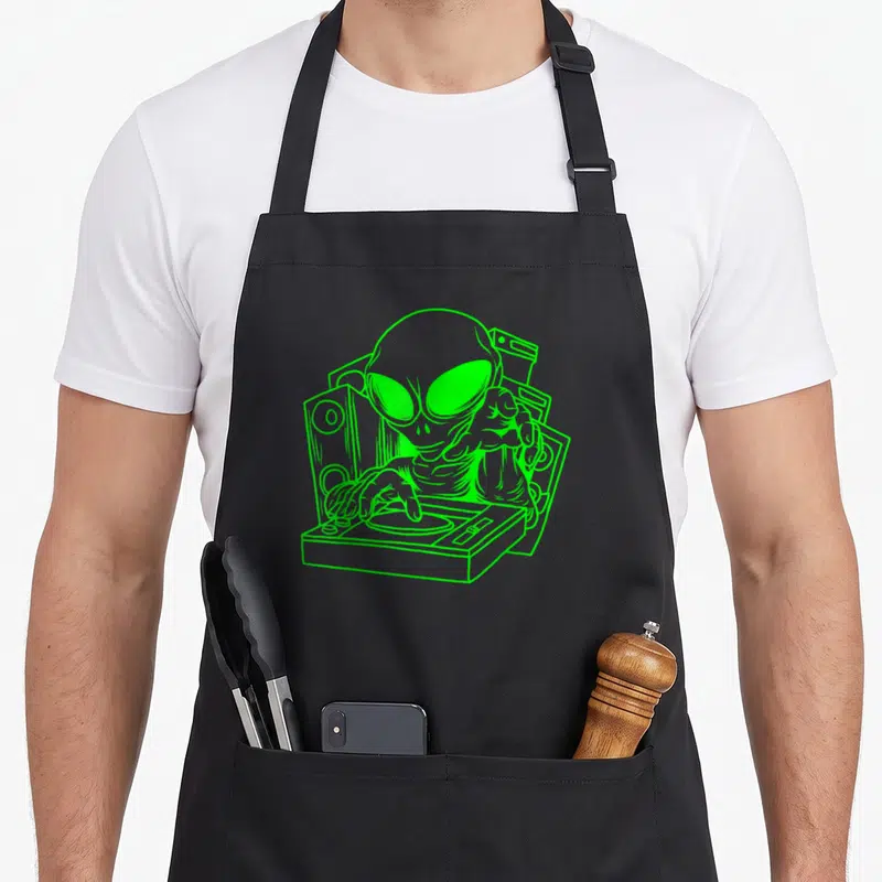 Tablier de cuisine noir avec illustration verte d'un alien DJ aux grands yeux sur son mixeur.