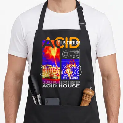 Tablier de cuisine noir avec design graphique Acid House, 303, 808 et Club Culture en couleurs vives.