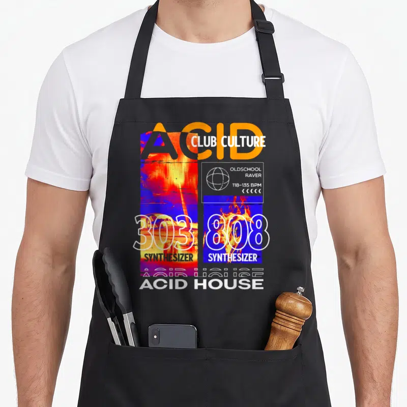 Tablier de cuisine noir avec design graphique Acid House, 303, 808 et Club Culture en couleurs vives.