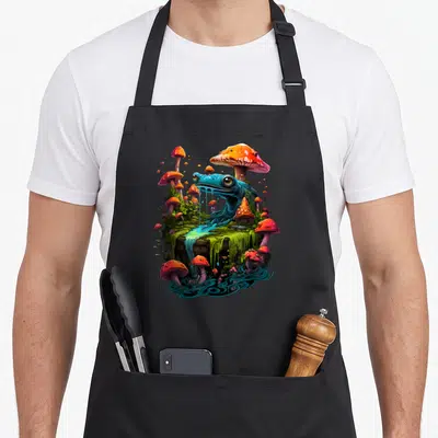 Tablier de cuisine noir avec illustration colorée de champignons orange et une grenouille bleue sur fond végétal fantastique.