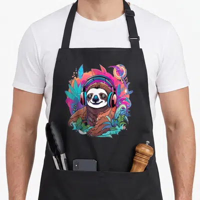 Tablier de cuisine noir avec illustration d'un sloward portant des écouteurs au milieu de feuilles tropicales colorées.