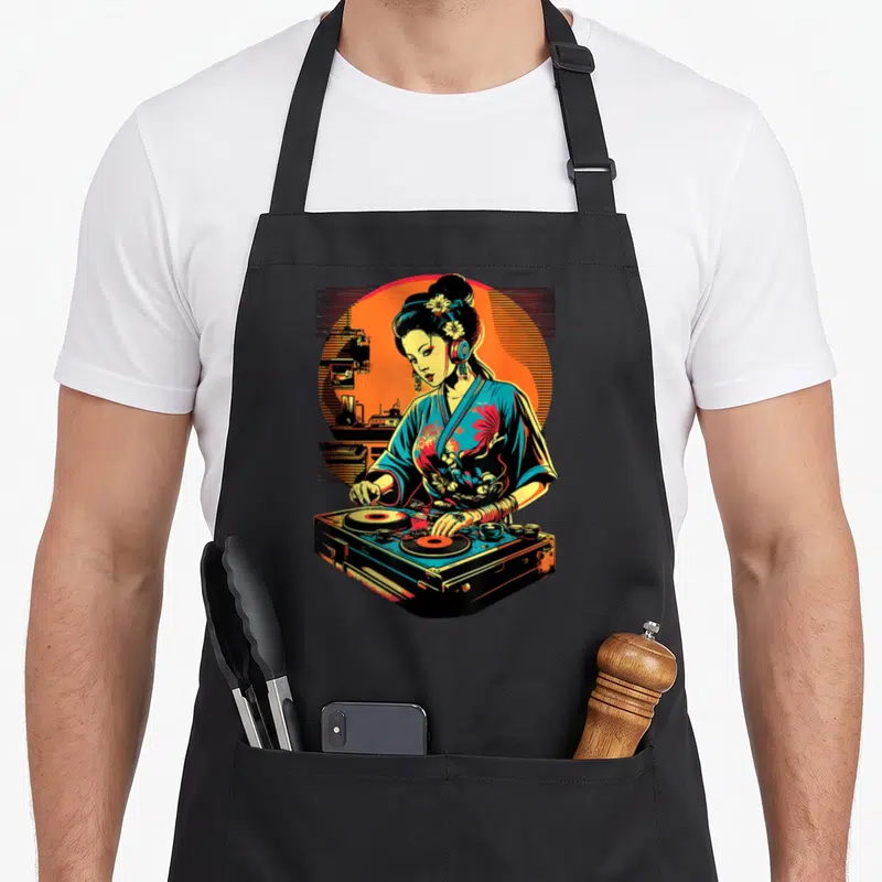 Tablier de cuisine noir avec illustration d'une Geisha DJ en kimono vaporwave sur fond orange.