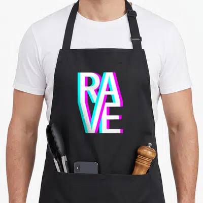 Tablier de cuisine noir avec l'inscription RAVE en lettres blanches aux contours cyan et magenta.