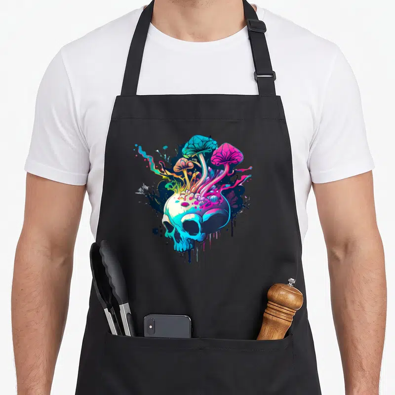 Tablier de cuisine noir avec un crâne stylisé et des champignons aux couleurs vives sortant du sommet.