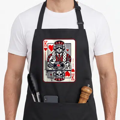 Tablier de cuisine noir avec illustration roi de cœur DJ portant des écouteurs et manipulant une platine vinyle rouge et noire.