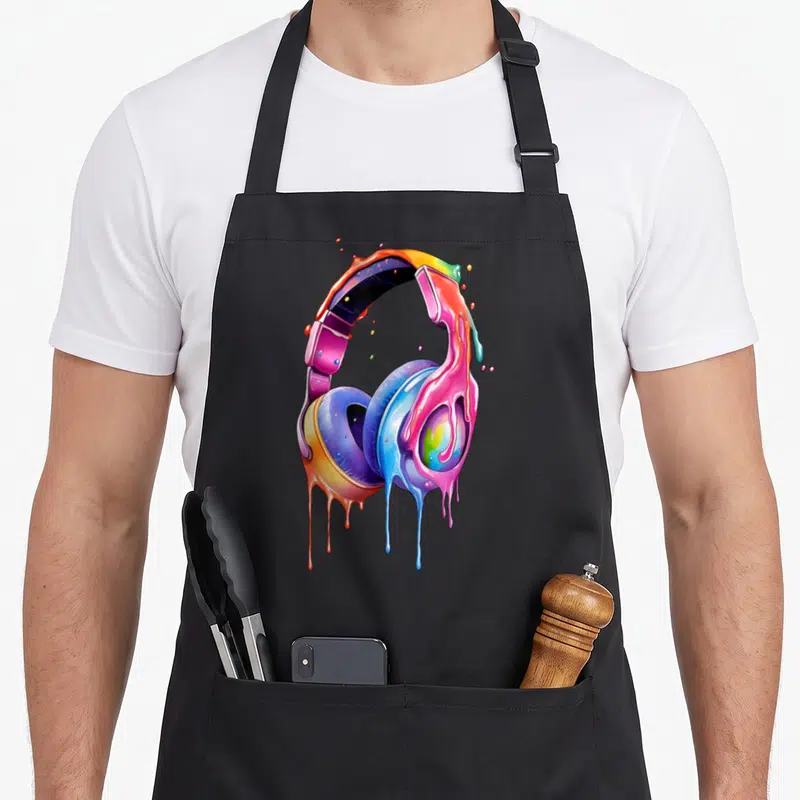 Tablier de cuisine noir avec illustration de casque audio electro house multicolore en peinture qui coule.