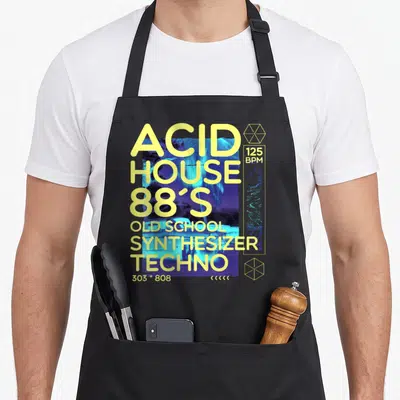 Tablier de cuisine noir avec typographie jaune Acid House 88's Old School Synthesizer Techno sur fond bleu texturé.