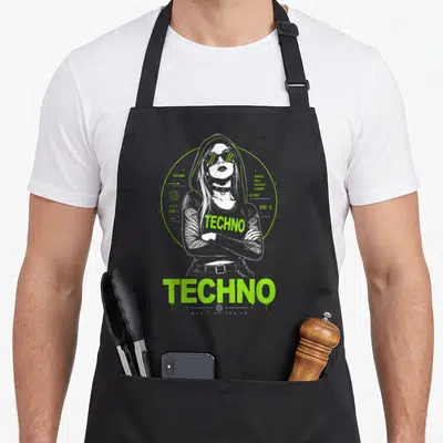 Tablier de cuisine noir avec illustration techno femm hood vert lime et texte TECHNO Music unites us