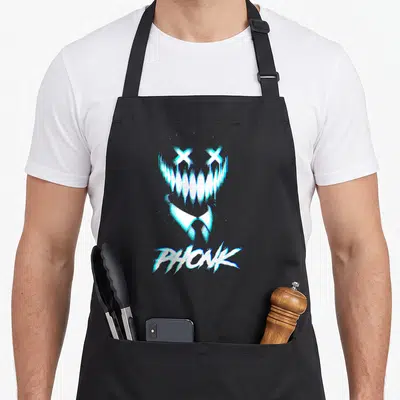 Tablier de cuisine noir avec un visage aux yeux en X, dents acérées et le mot PHONK en style glitch bleu cyan.