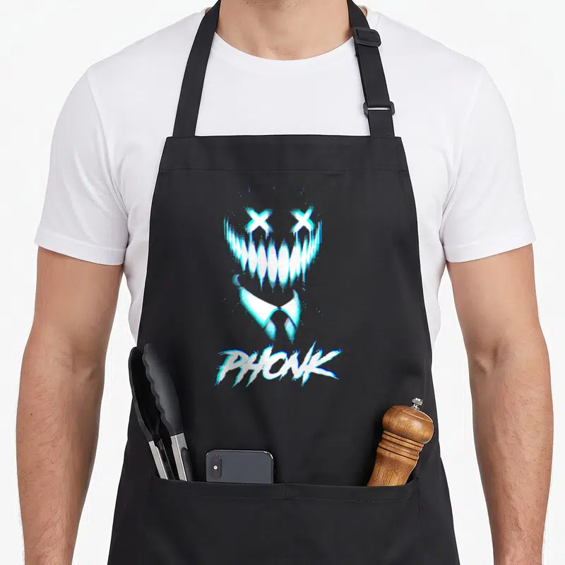 Tablier de cuisine noir avec un visage aux yeux en X, dents acérées et le mot PHONK en style glitch bleu cyan.